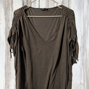 BloomChic Army Green Blouse with Ruched Sleeves